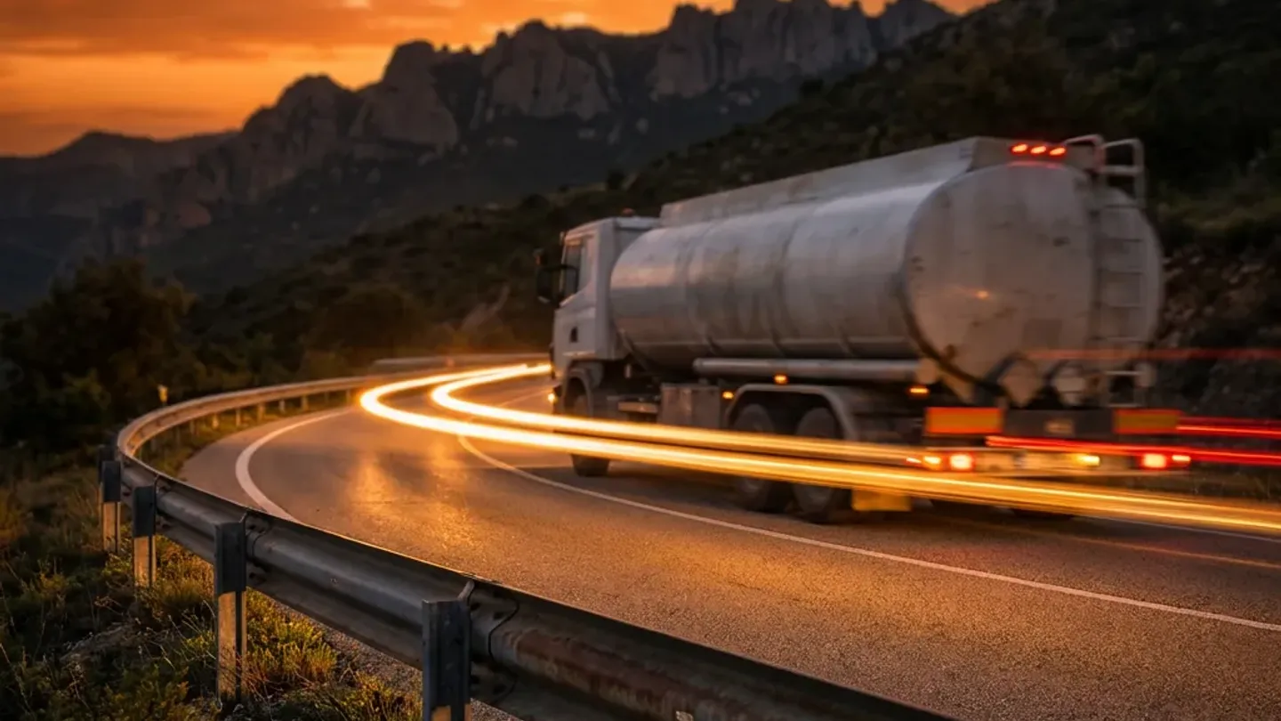 Gün batımında dağ yolunda virajı alan tanker