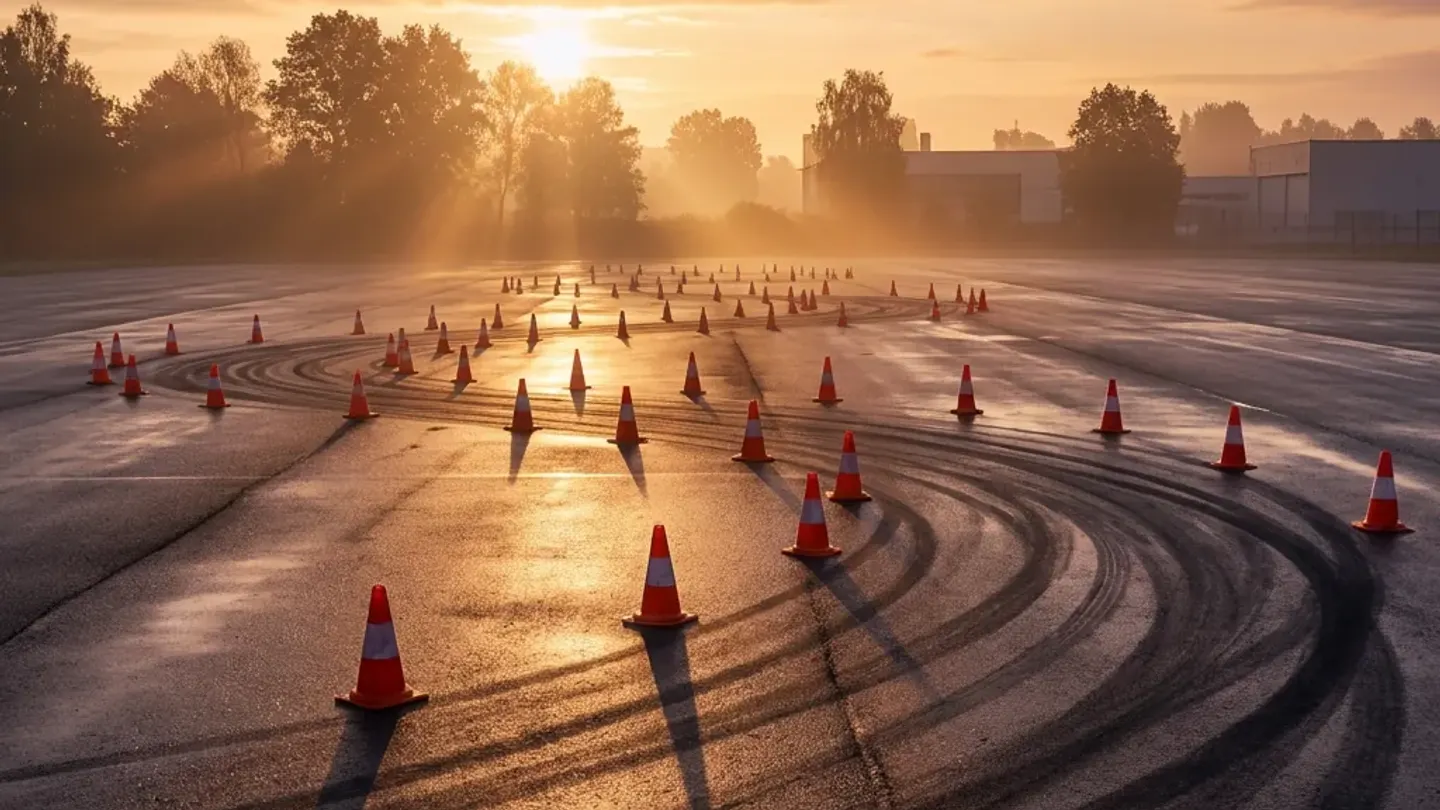 Gün batımında sürücü kursu pistinde dizili trafik konileri ve lastik izleri
