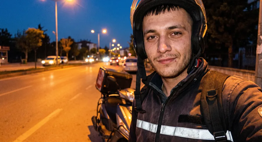 Çırak Emre, kaskı başının üstünde motosikletli genç kurye