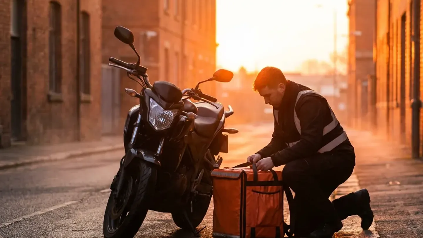 Gün doğarken sokakta motosikletinin yanına çökmüş, kurye çantasını bağlayan bir kurye