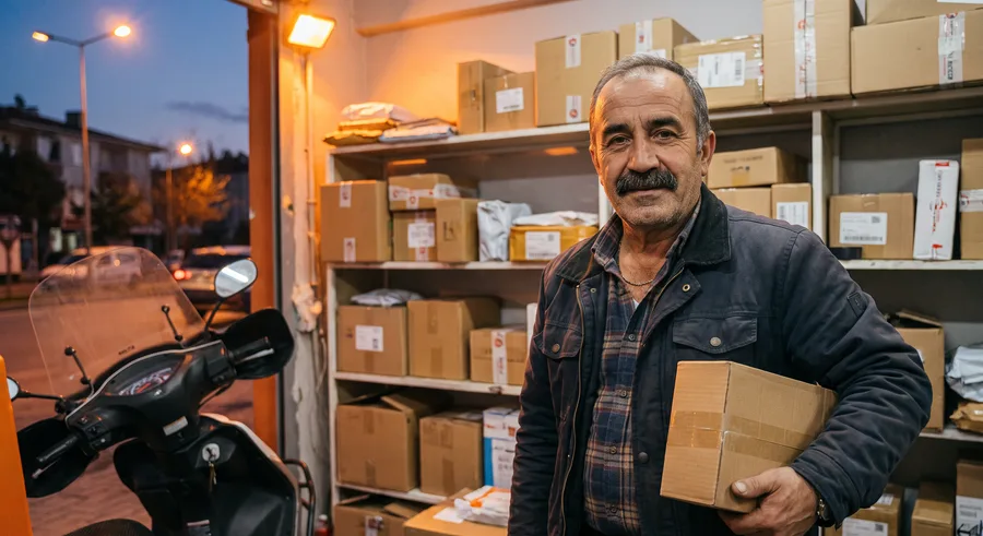 Rıza Kaptan, kurye deposunda elinde koliyle duran yaşlı adam