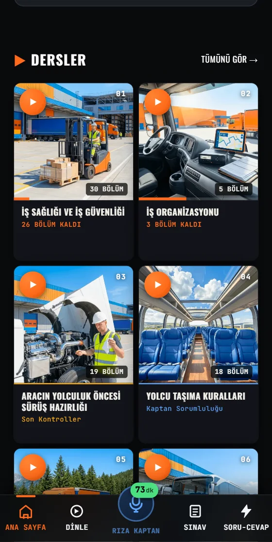 Uygulamadaki Dersler ekranı: her dersin kapak görseli ve bölüm sayısı