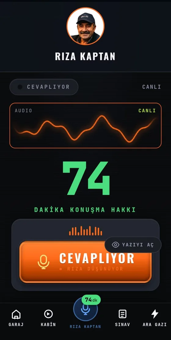 Uygulamadaki canlı telsiz ekranı: Rıza Kaptan cevaplıyor, kalan konuşma hakkı